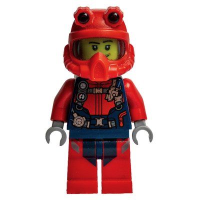 Figurine Diver, Man, Red and Dark Blue Wetsuit with Straps and Gauges, Red Diving Helmet, Airtanks, Stubble du set 60265