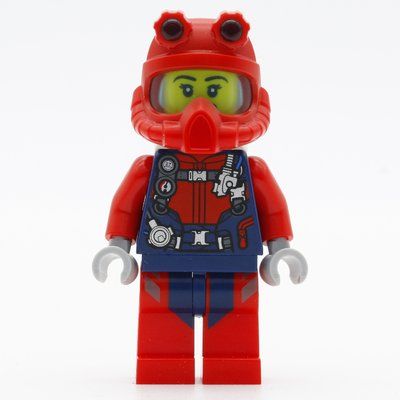 Figurine Diver, Woman, Red and Dark Blue Wetsuit with Straps and Gauges, Red Diving Helmet, Airtanks, Open Mouth du set 60265