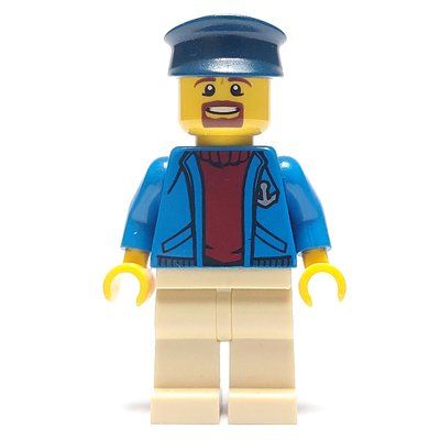 Figurine Ship Captain, Open Blue Jacket with Anchor over Dark Red Sweater, Tan Legs, Dark Blue Hat, Goatee Beard du set 60095