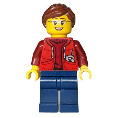 Figurine Marine Explorer, Woman, Open Red Jacket over Dark Red Sweater, Reddish Brown Hair, Glasses du set 60093