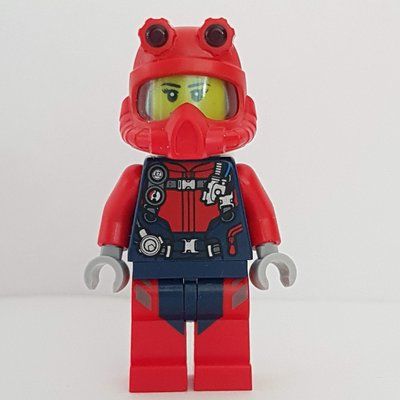 Figurine Diver, Woman, Red and Dark Blue Wetsuit with Straps and Gauges, Red Diving Helmet, Airtanks du set 60266