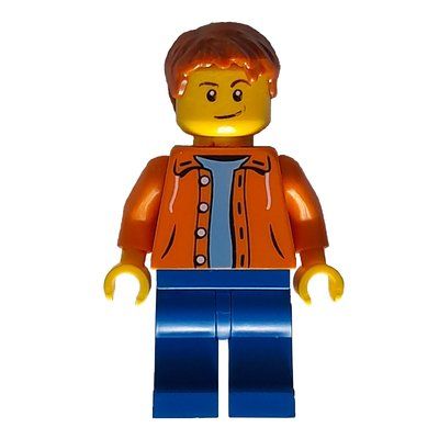 Minifigura Man, Open Orange Shirt, Blue Legs, Dark Orange Hair del set 60057