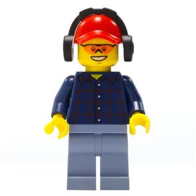 Minifigure Lumberjack, Dark Blue Plaid Shirt, Sand Blue Legs, Red Cap with Ear Defenders, Orange Safety Glasses del set 60059