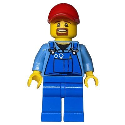 Minifigura Man, Blue Overalls over Shirt, Blue Legs, Red Cap, Brown Goatee Beard del set 60079