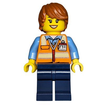 Minifigura Ground Crew, Woman, Orange Safety Vest, Dark Orange Hair del set 60079