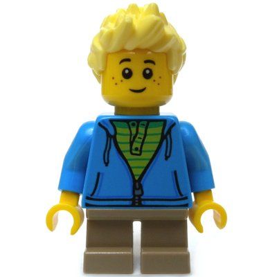 Figurine Boy, Open Dark Azure Hoodie with Zipper, Short Dark Tan Legs, Bright Light Yellow Hair du set 60134
