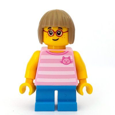 Figurine Girl, Bright Pink Striped Top with Cat Head, Short Dark Azure Legs, Dark Tan Hair, Glasses du set 60134