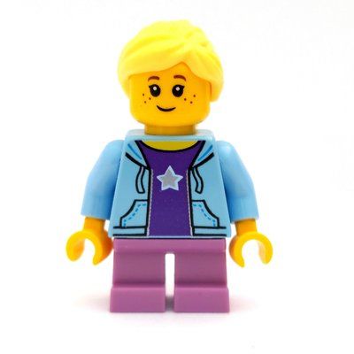 Figurine Girl, Open Bright Light Blue Hoodie over Dark Purple Shirt with Star, Short Medium Lavender Legs, Bright Light Yellow Hair du set 60134