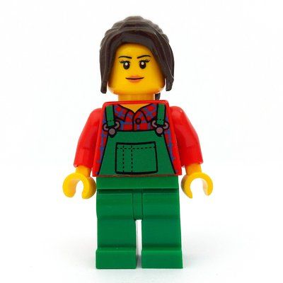 Figurine Woman, Green Overalls over Red Plaid Shirt, Dark Brown Hair du set 60134