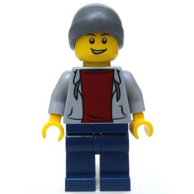 Figurine Man, Light Bluish Gray Hoodie over Dark Red Shirt, Dark Blue Legs, Beanie Hat du set 60134