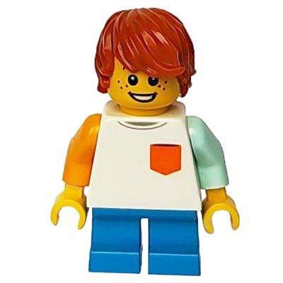 Minifigure Boy, White Top, Short Dark Azure Legs, Dark Orange Hair del set 60234