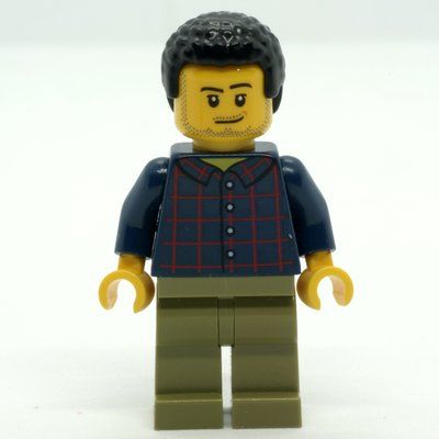 Minifigure Man, Dark Blue Plaid Shirt, Olive Legs, Black Hair, Stubble del set 60234