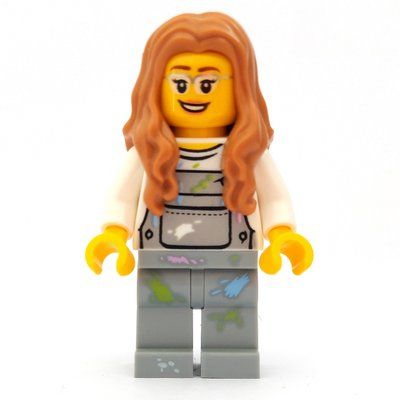 Minifigure Woman, Light Bluish Gray Overalls with Paint Stains, Medium Nougat Hair, Glasses del set 60234