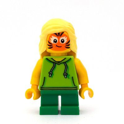 Minifigure Girl, Lime Hoodie, Short Green Legs, Tiger Facepaint del set 60234
