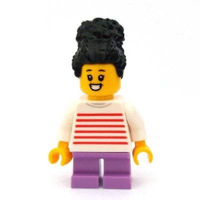Minifigure Girl, White and Red Striped Top, Short Medium Lavender Legs, Black Hair del set 60234