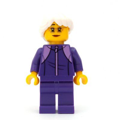 Minifigure Woman, Dark Purple Jogging Suit, White Hair, Small Glasses del set 60234