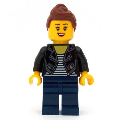 Minifigure Woman, Open Black Jacket over Black and White Striped Top, Dark Blue Legs, Reddish Brown Hair del set 60234