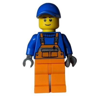 Minifigurka Construction Worker, Orange Overalls over Blue Sweater, Blue Cap z zestawu 60118