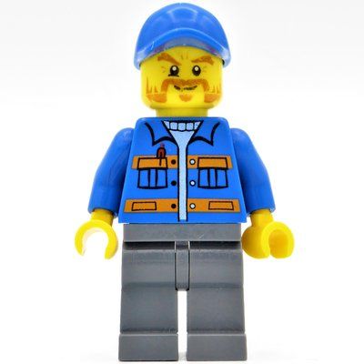 Minifigurka Worker, Blue Jacket with Orange Stripes, Sand Blue Legs, Blue Cap, Beard z zestawu 60118