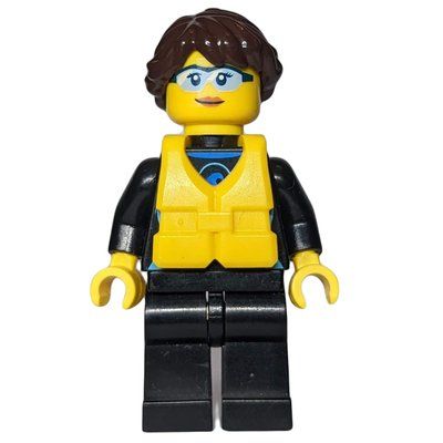 Minifigure Woman, Black Wetsuit, Dark Brown Hair, Yellow Life Vest, Safety Glasses del set 60149