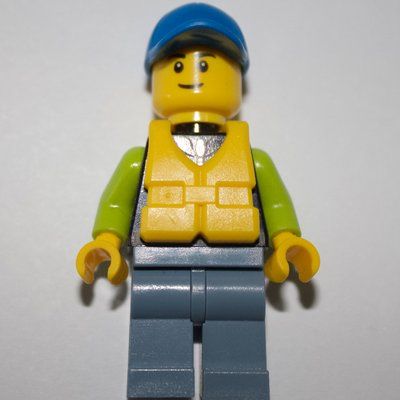 Minifigure Man, Black and Lime Jacket, Blue Cap, Yellow Life Vest del set 60149