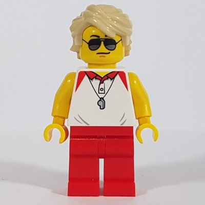 Figurine Lifeguard, White Polo Shirt with Whistle, Red Legs, Tan Hair, Sunglasses du set 60153