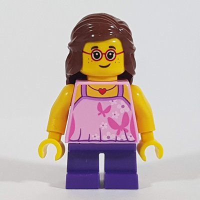 Figurine Girl, Bright Pink Top with Butterflies, Dark Purple Legs, Reddish Brown Hair, Glasses du set 60153