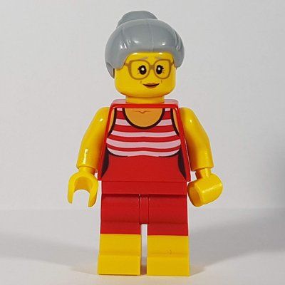 Figurine Woman, Red and White Swimsuit, Light Bluish Gray Hair, Glasses du set 60153