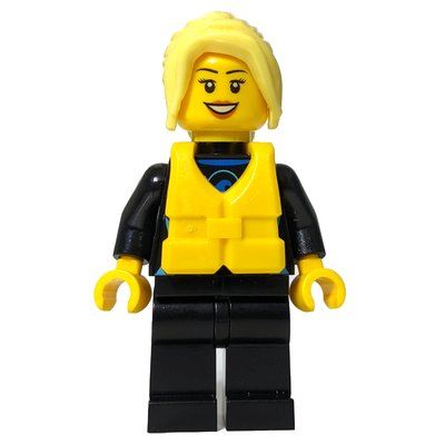 Figurine Surfer, Woman, Black Wetsuit, Bright Light Yellow Hair, Yellow Life Vest du set 60153