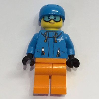 Minifiguur Woman, Dark Azure Ski Jacket, Orange Legs, Dark Azure Helmet, Snow Goggles uit set 60222