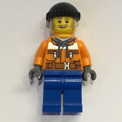 Minifiguur Worker, Orange Safety Jacket over Hoodie, Blue Legs, Black Hat, Moustache uit set 60222