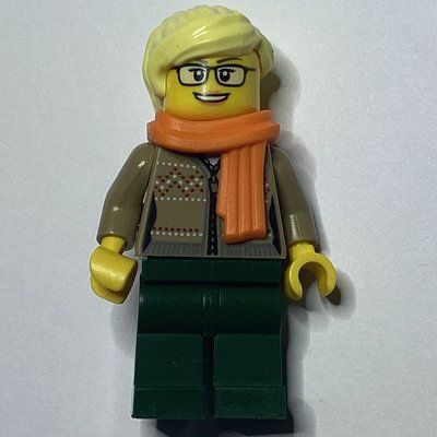 Figurine Woman, Dark Tan Cardigan with Zipper, Dark Green Legs, Bright Light Yellow Hair, Glasses du set 60203