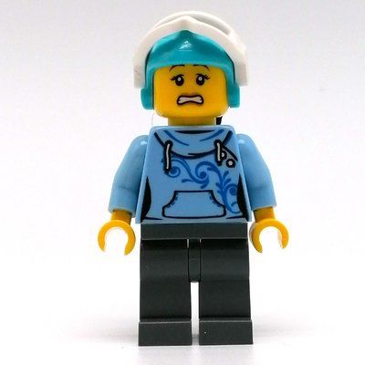 Figurine Woman, Bright Light Blue Hoodie, Dark Bluish Gray Legs, Medium Azure Helmet with Hair and Snow Goggles du set 60203