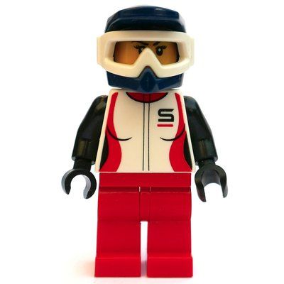 Figurine Racer, Woman, White, Black and Red Jacket, Red Legs, Dark Blue Dirt Bike Helmet with Goggles, Dirt Stains du set 60202