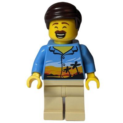Figurine Man, Medium Blue Shirt with Palm Trees and Sunset, Tan Legs, Dark Brown Hair, Moustache du set 60202