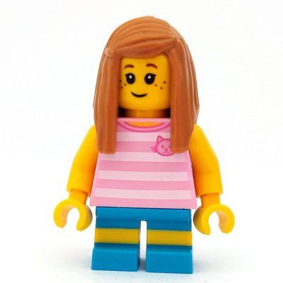 Figurine Girl, Bright Pink Striped Top with Cat Head, Dark Azure Shorts, Medium Nougat Hair du set 60202