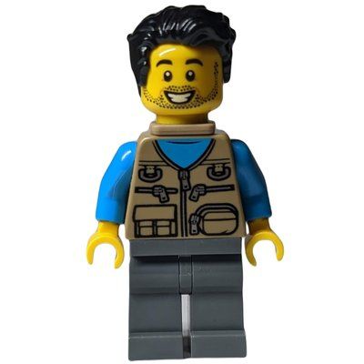 Figurine Man, Dark Tan Vest with Zippers and Pouches, Black Hair, Baby Carrier, Stubble du set 60202