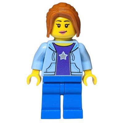 Figurine Woman, Open Bright Light Blue Hoodie over Dark Purple Shirt with Star, Blue Legs, Dark Orange Hair du set 60202