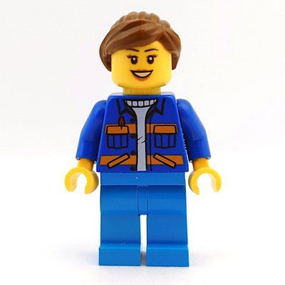 Minifiguur Worker, Woman, Blue Jacket with Orange Stripes, Dark Azure Legs, Reddish Brown Hair uit set 60220