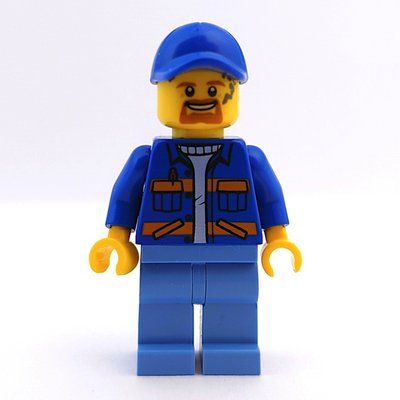 Minifiguur Worker, Blue Jacket with Orange Stripes, Medium Blue Legs, Blue Cap, Goatee Beard uit set 60220