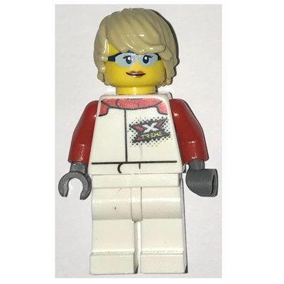 Minifigur Racer, Woman, White and Red Jumpsuit, Tan Hair, Safety Glasses aus Set 60254