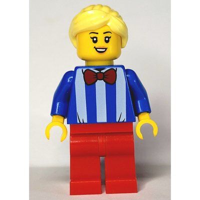 Figurine Woman, Blue and White Stripe Shirt with Red Bow Tie, Red Legs, Bright Light Yellow Hair du set 60253