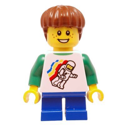 Figurine Boy, Floating Classic Spaceman on Shirt, Short Blue Legs, Reddish Brown Hair du set 60233