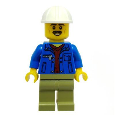Figurine Construction Worker, Blue Jacket, Olive Green Legs, White Hard Hat, Moustache du set 60233