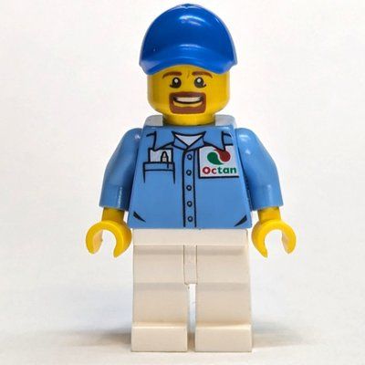 Minifigure Man, Medium Blue Shirt with Octan Logo, White Legs, Blue Cap, Goatee Beard del set 60232