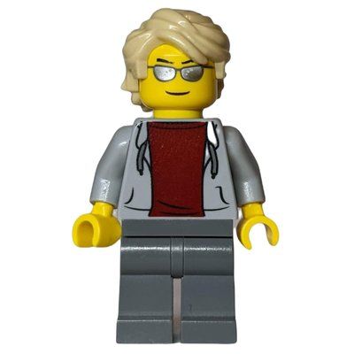 Minifigure Man, Light Bluish Gray Hoodie over Dark Red Shirt, Dark Bluish Gray Legs, Tan Hair, Silver Sunglasses del set 60232