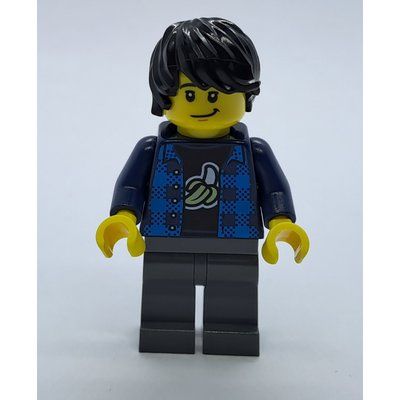 Figurine Man, Open Dark Blue Flannel Shirt over Top with Banana, Dark Bluish Gray Legs, Black Hair du set 80105