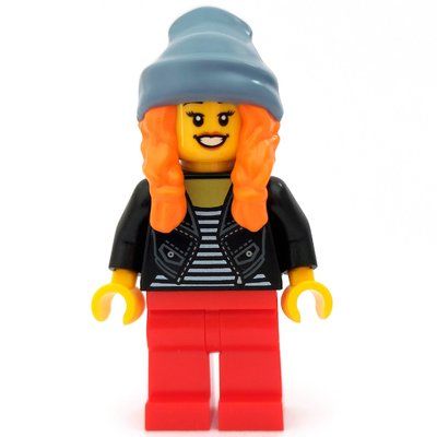 Figurine Woman, Open Black Jacket over Black and White Striped Top, Red Legs, Sand Blue Beanie Hat with Hair du set 80105