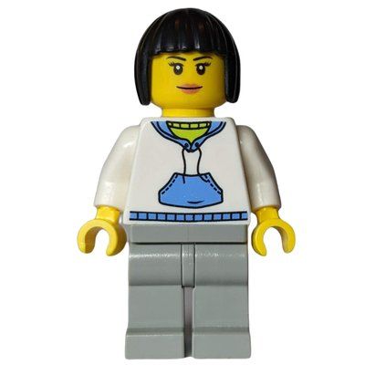Figurine Woman, White and Blue Hoodie, Light Bluish Gray Legs, Black Hair du set 80105
