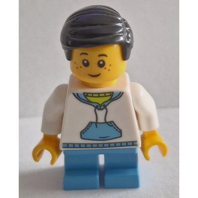 Minifigure Boy, White and Blue Hoodie, Short Medium Blue Legs, Black Hair del set 80103